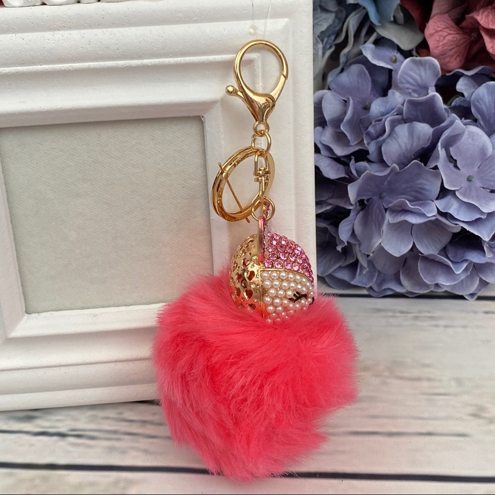 Crystal & Pearl Fox Hot Pink Pom Pom Keychain - Picture 10 of 15